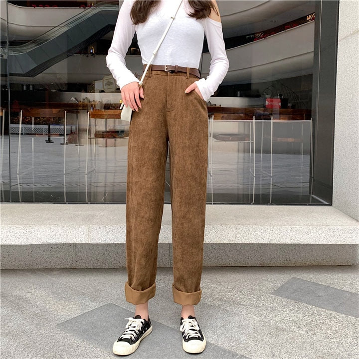 Spring New Women's Casual Loose Corduroy Wide Leg Pants Fashion Full Length Trousers With Sashes Female Bottoms B01308O