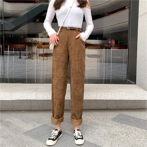 Spring New Women's Casual Loose Corduroy Wide Leg Pants Fashion Full Length Trousers With Sashes Female Bottoms B01308O