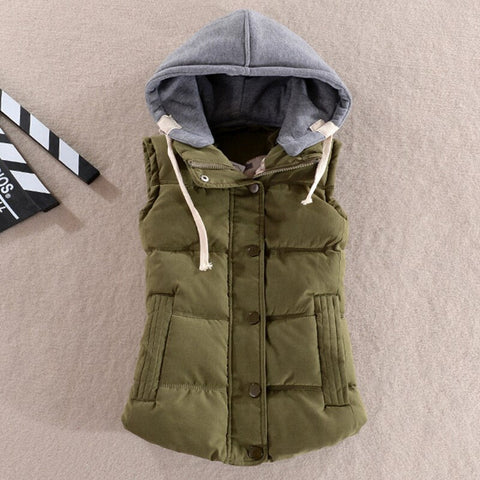 winter women solid thick vest hooded casual female warm outwear cotton padded office ladies single breasted chaleco mujer