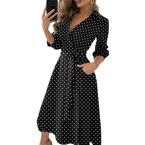 Spring Summer Lady Cover Up Women&  Shirt Dress Wave Print Long Sleeve V-Neck Casual Loose Holiday Midi Dress Plus Size