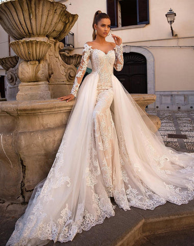 Sexy Mermaid Wedding Dress Detachable Train Newest Off Shoulder Lace Long Sleeve Button Back Bridal Wedding Gown for Bride