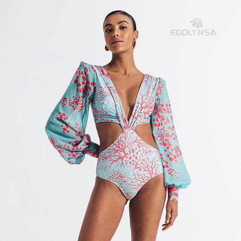 V- Neck Bandage Print Long Sleeve Swimwear Women Monokini Sexy Bathing Suit String Backless Beachwear Pus Size L47