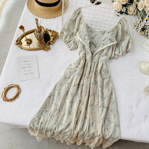 Summer Fairy Dress Women French Style Vintage Retro Chiffon Dress Puff Sleeve Casual Elegant Floral Print Dress Women