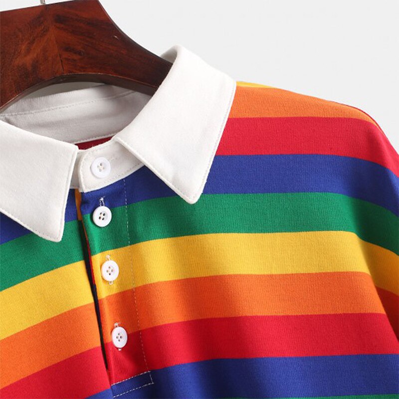 Polo Shirt Women Sweatshirt Long Sleeve Rainbow Color Ladies Hoodies With Button Striped Korean Style Sweatshirt Women