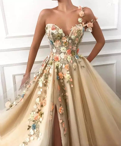 Champagne Flowers Split A-Line Prom Dresses Women Party Night Long Appliques Evening Gown robes de soirée