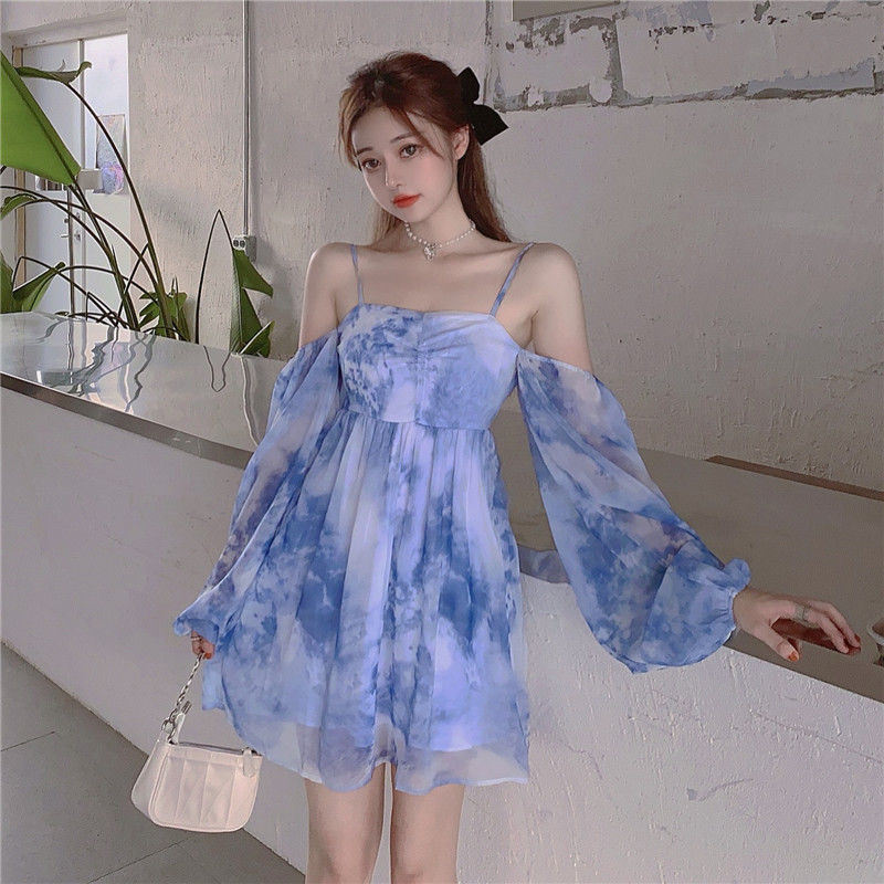 Mini Dress Women Tie Dye Mesh Tender Fashion Spaghetti Strap Long Sleeve Design Retros Casual Cute Japanese Style High Quality