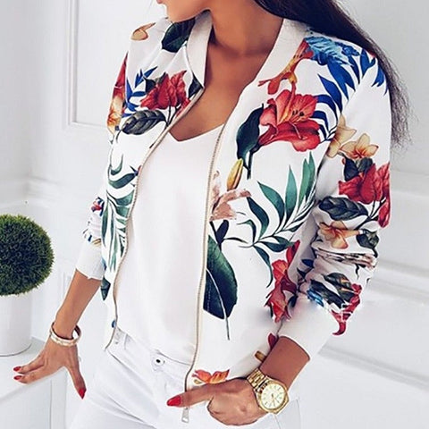 Women Floral Jackets Spring Summer Long Sleeve  Zipper Print Bomber Jacket Casual Pocket Slim Female Fashion Outwears Plus Size