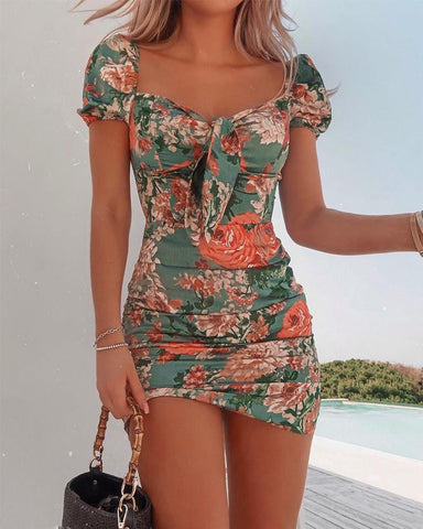 Women Summer Sexy Short Sleeve Floral Mini Bow Design Ruched Casual Bodycon Dress Puff Sleeve Floral Square Neck Tie Front Dress