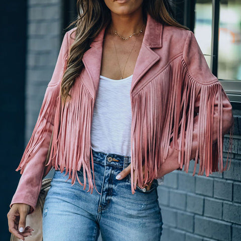 Pbong Fringed Bomber Jacket Women Spring Fashion Long Sleeve Turn-down Collar Open Stitch Slim Jackets