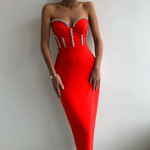 Sexy Strapless Women Dress Bandage Bodycon New Elegant Beading Party Evening Club Midi Dresses Summer Autumn Clothes