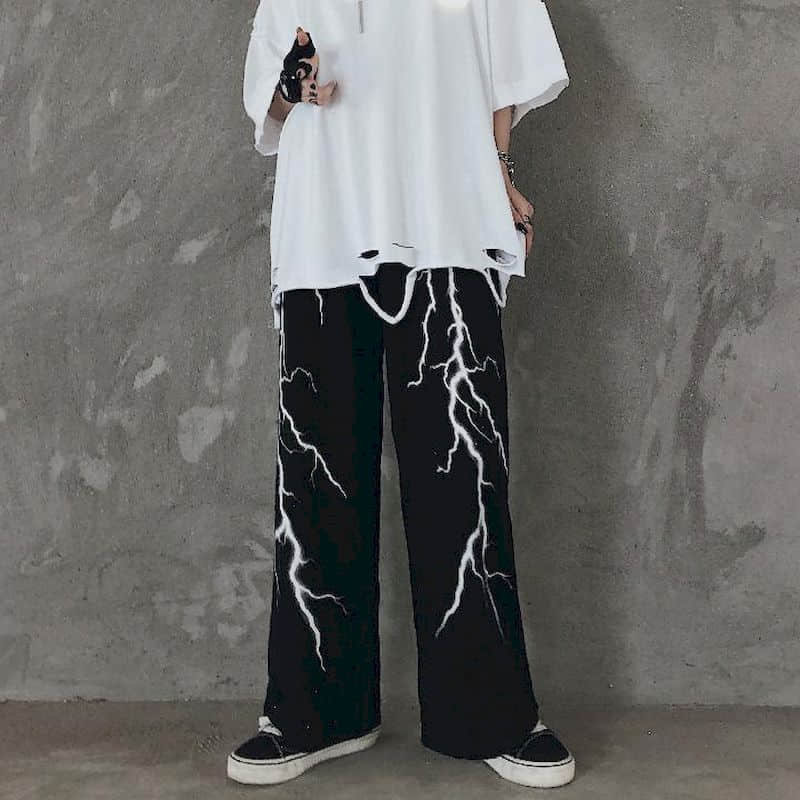 Men's casual pants dark lightning print loose all-match retro pants high street straight wide-leg pants sports pants mens autumn