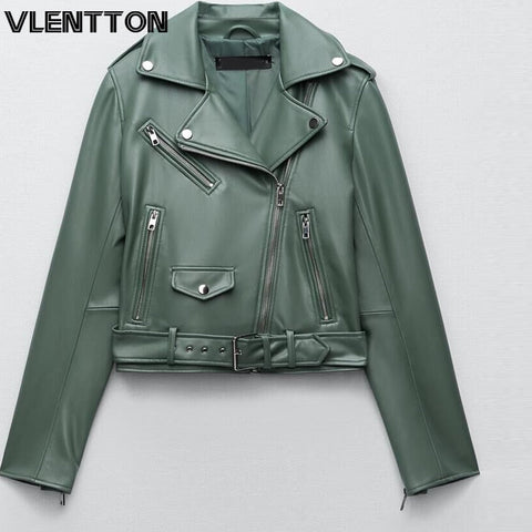 Spring Autumn Women Faux Leather Jacket Ladies Solid With Belt Zipper Biker Coat Female Casual Outwear