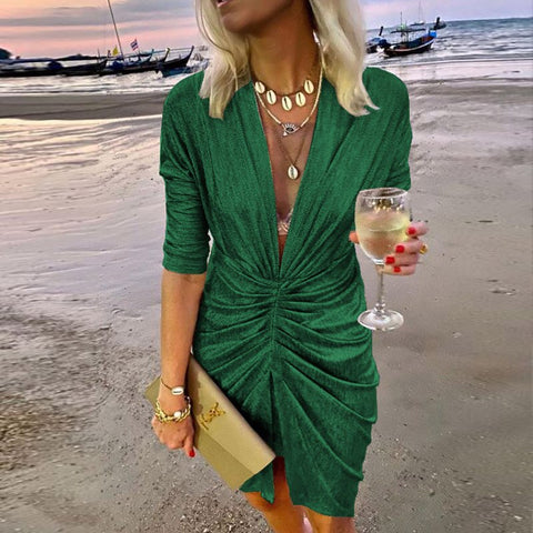 Lady Elegant Long Sleeve Club Glitter Mini Dress Sexy Deep V Neck Shiny Silk Party Dress Women Folds Pleated Bodycon Slit Dress