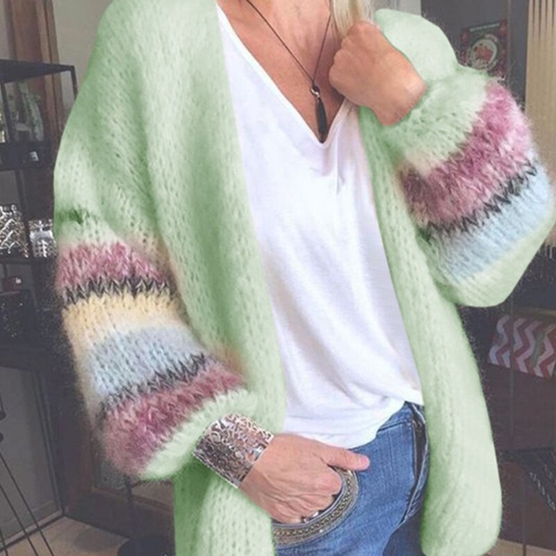 New Women Casual Cardigan Striped  Winter Warm Tops Clothing Woman Striped Mohair Sweater Women Knitted Cardigan