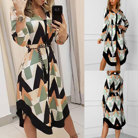 Spring Summer Lady Cover Up Women&  Shirt Dress Wave Print Long Sleeve V-Neck Casual Loose Holiday Midi Dress Plus Size