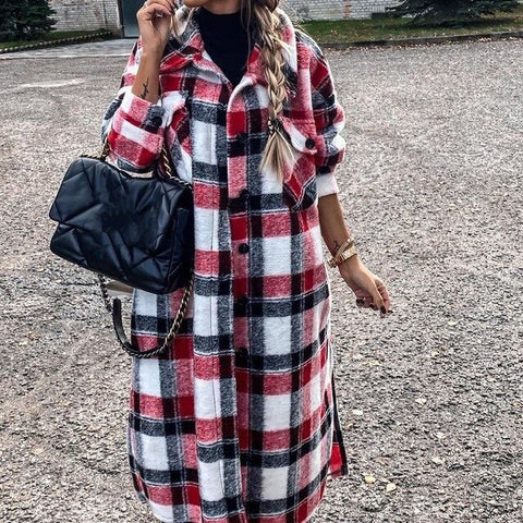 Women's Coat Spring Summer Long Sleeve Red Plaid Jacket Women Lapel Single Breasted Cardigan Coat Turndown Collar Women Coat