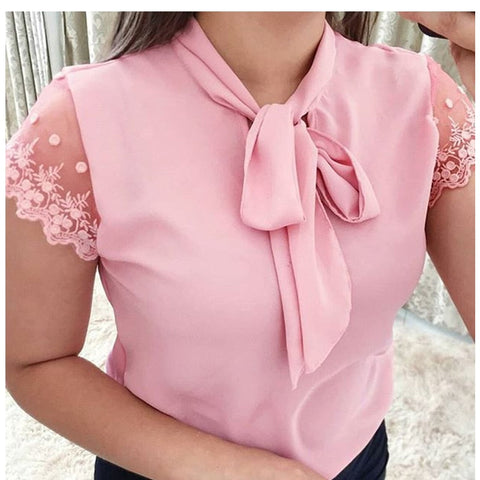 Pbong mid size graduation outfit romantic style teen swag clean girl ideas 90s latina aestheticS-5XL New  Lace Up Bow Tie Shirt Summer Lace Short Sleeve Solid Chiffon Casual Blouse Elegant Office Lady Blusas Woman Tops