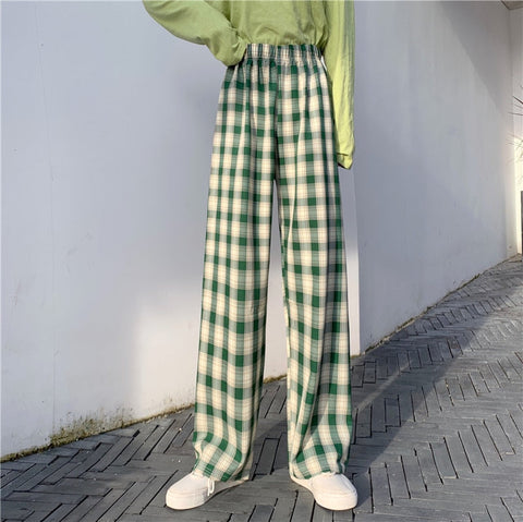 INS Cool Women Baggy Blue Pants Lady Oversized Wide Leg Plaid Slacks Harem Pants Student Autumn Purple Pink Long Flare Trousers