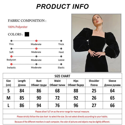 Evening Puff Sleeve Women's Velvet Dress Winter Black Sexy Bodycon Dress Square Collar Formal Dresses Elegant