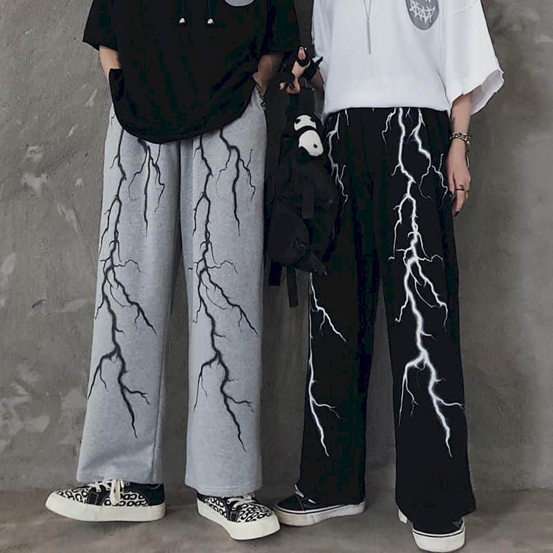 Men's casual pants dark lightning print loose all-match retro pants high street straight wide-leg pants sports pants mens autumn