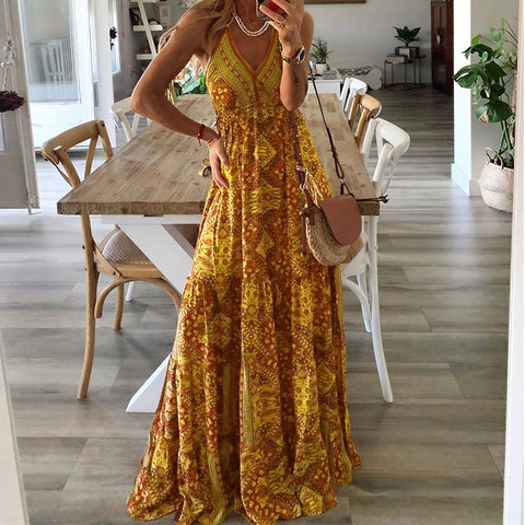 Sexy Women V Neck Party Dresses Vintage Printed Boho Long Dresses Elegant Flying Sleeve Fashion Sexy Slim Maxi Dress Mujer