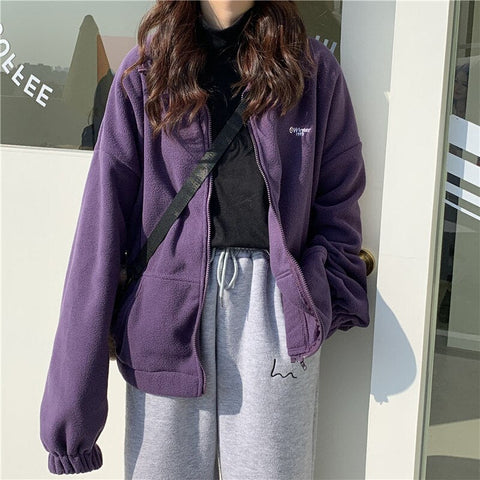 Zipper ladies winter high quality fashion Harajuku style long sleeve fleece large round neck hoodie hooded sweatshirt wholesale