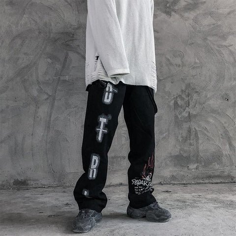 Streetwear Women's Printed Straight Loose Casual Pants Women's Dark Fun Funeral Pendant Drag Wide Leg Pants Women's Bottom