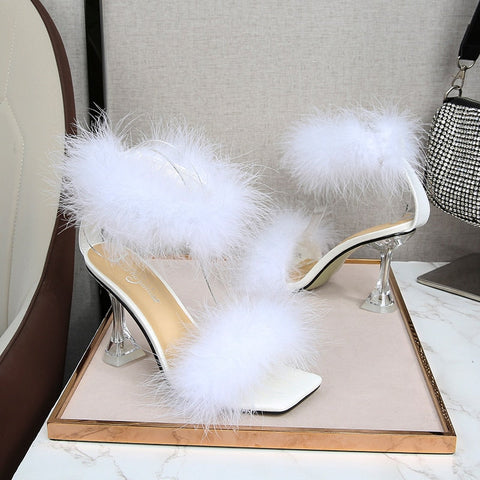 Feather Sandals Women Furry High Heels Ankle Plush Sandals Woman Transparent Heels With Fur Stripper Heeled Sandal Women Evening