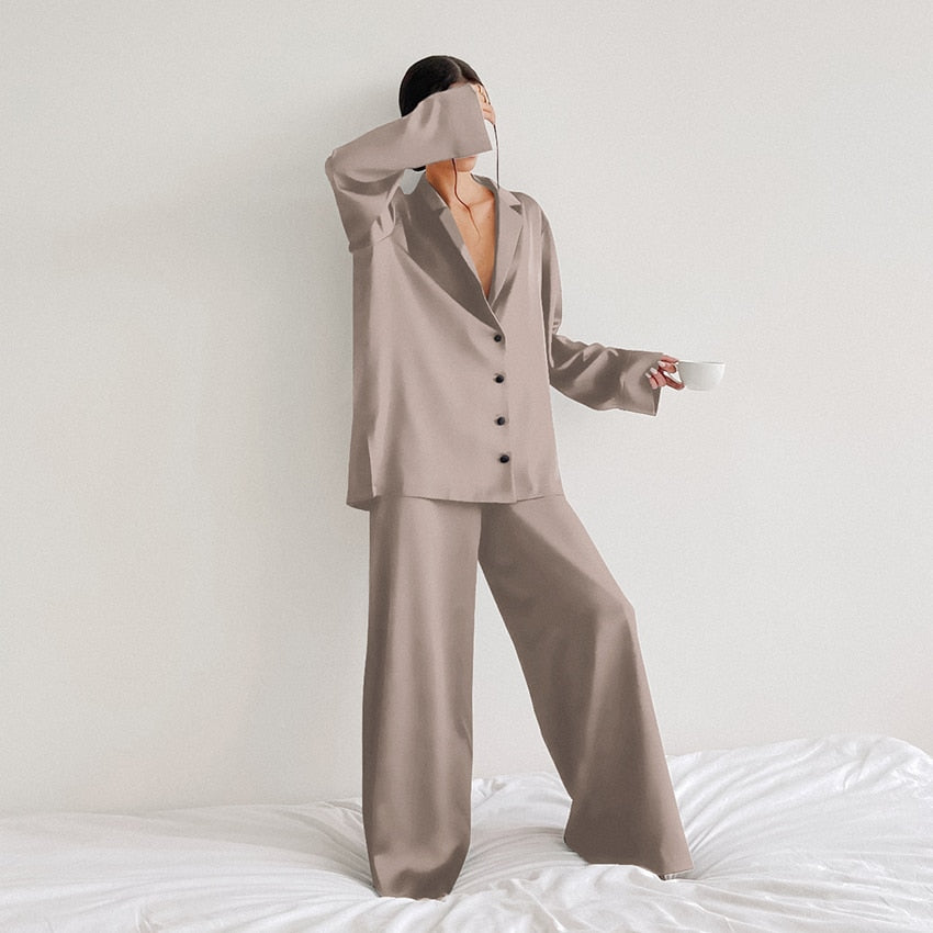 Oversized Satin Silk Sleepwear Low Cut Sexy Pajamas For Women Single-Breasted Long Sleeves Wide Leg Pants Trouser Suits