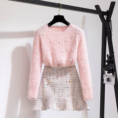 New Autumn Winter Two Piece Set Tracksuit Women Elegant Beading Knitted Sweater+High Waist Tweed Mermaid Skirt Ladies Outfits