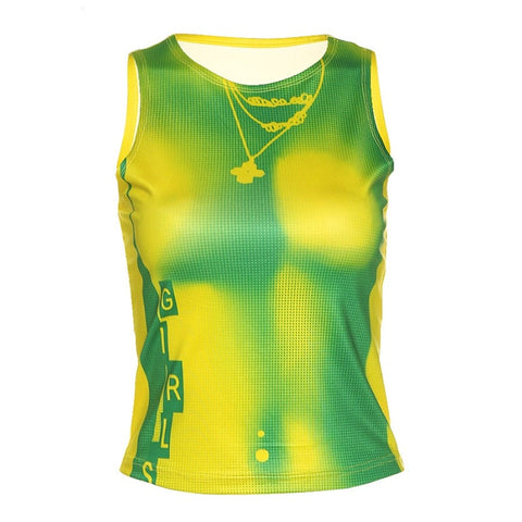 Y2K Fashion Retro 3D Pixel Body Art Printed Tank Top Round Neck Personalized Top For Street Cool Girls Women Out Clubwear