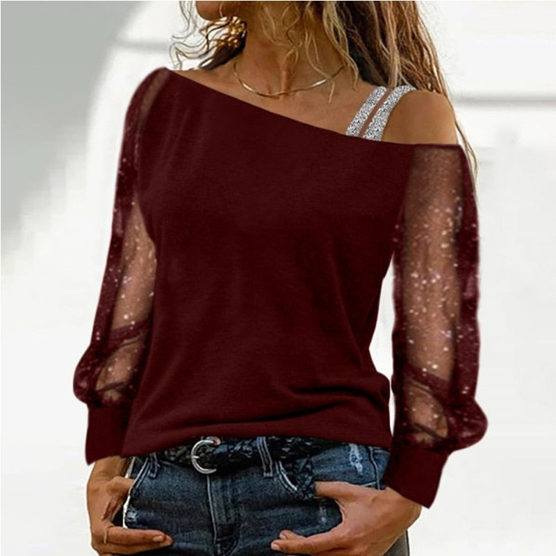 Pbong mid size graduation outfit romantic style teen swag clean girl ideas 90s latina aesthetic Lace Blouse Women Sexy Long Sleeves Skew Collar Off Shoulder Patchwork Tee Tops Casual Autumn Elegant Diamond Blousas