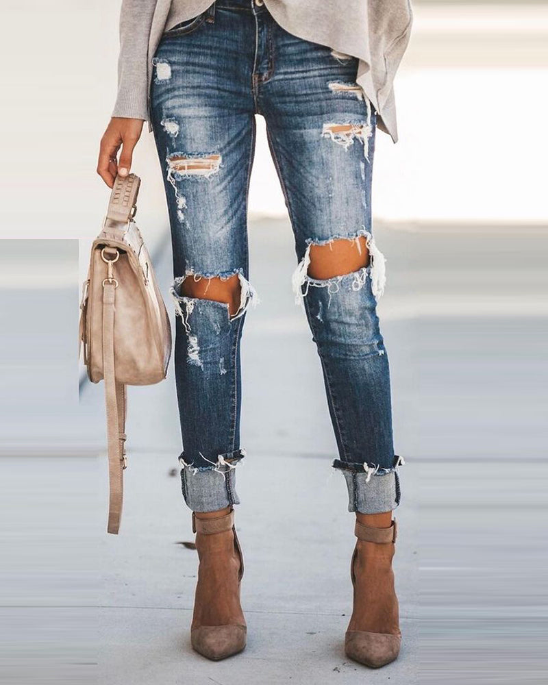 Women High Waist Ripped Cutout Jeans Autumn Casual High Waist Long Pencil Pants Womens Fall Clothes Loungewear Trousers New