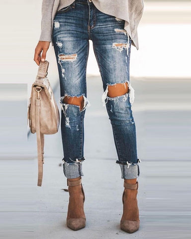 Women High Waist Ripped Cutout Jeans Autumn Casual High Waist Long Pencil Pants Womens Fall Clothes Loungewear Trousers New