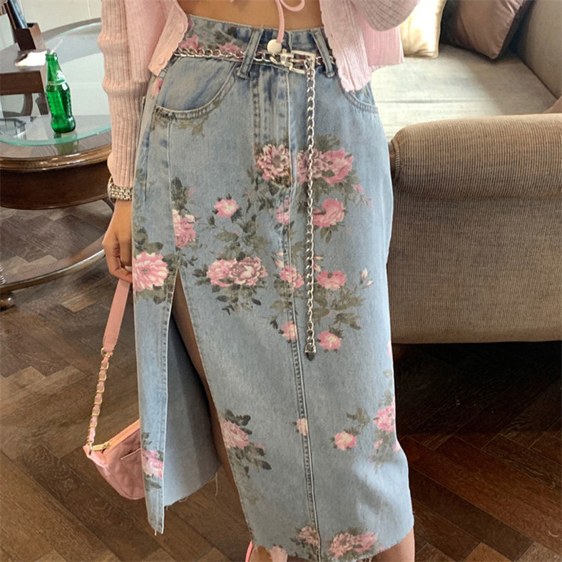 Streetwear Vintage Flowers Print Long Denim Skirts Summer High Waist Slim Sexy Open Split Straight Skirt Jeans Saias Female