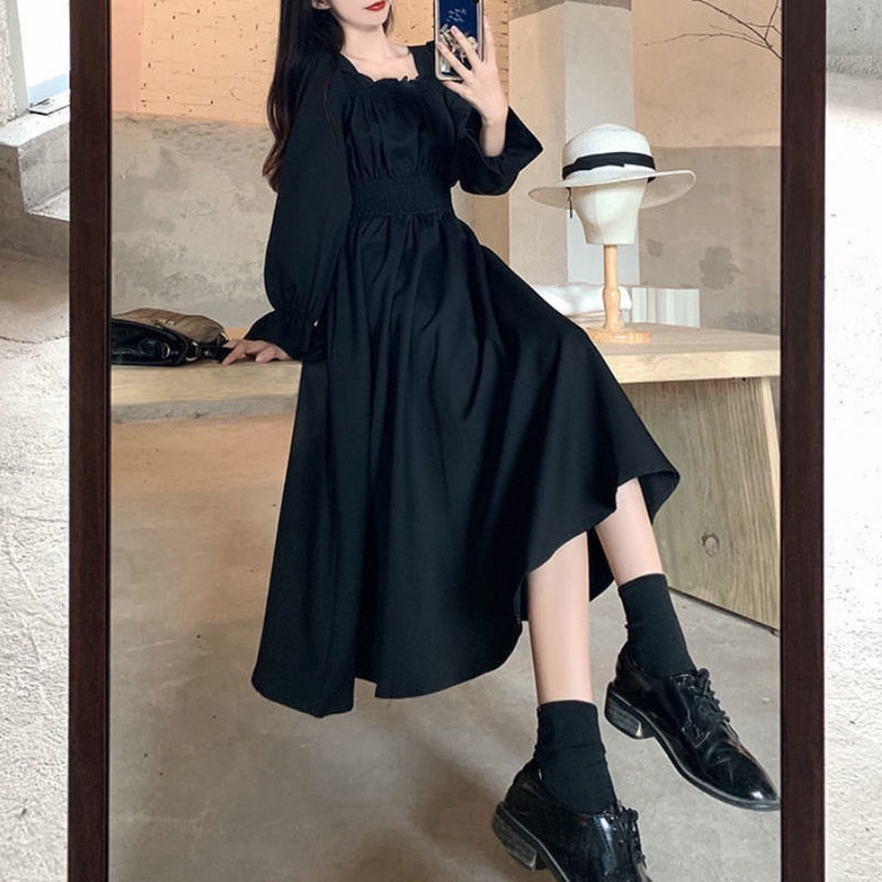 Black Elegant Dress Women Vintage Long Sleeve Spring Autumn Dresses Square Collar Oversize Loose Casual Robe Streetwear