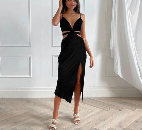 Fashion Sexy Hollow Out Sleeveless V-Neck Maxi Dress Women Autumn Solid Black Backless Split Lady Midnight Party Outfits