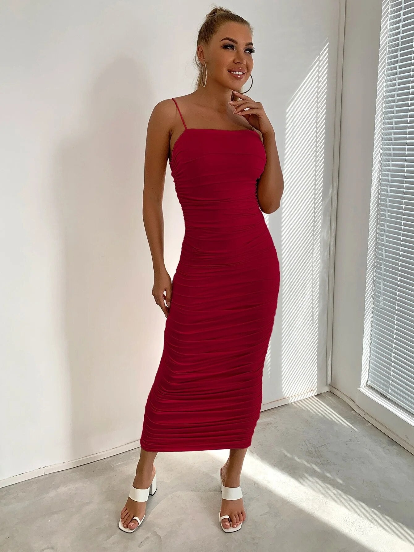 Spaghetti Strap Solid Summer Dresses For Women Clothing Backless Ruched Midi Dress Sheath Sexy Club Party Vestido