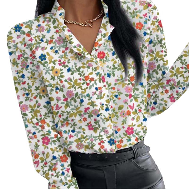 Autumn Floral Print Blouse Women Clothes Stand Collar Long Sleeve Office Lady Shirts Tops Female Casual Plus Size Blouses