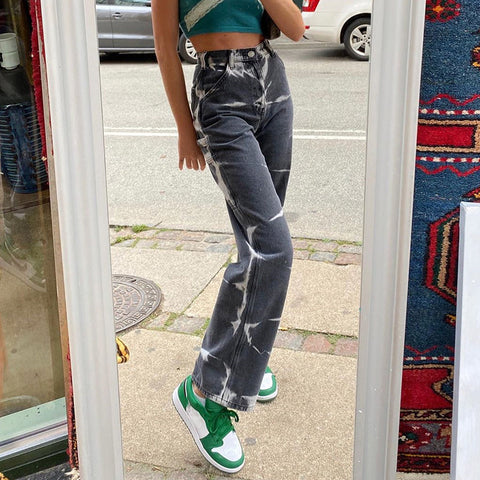 pbong Brown Tie Dye Print Y2k Baggy Mom Jeans Women Vintage Aesthetic Straight Denim Pants High Waist Gray Trousers Streetwear