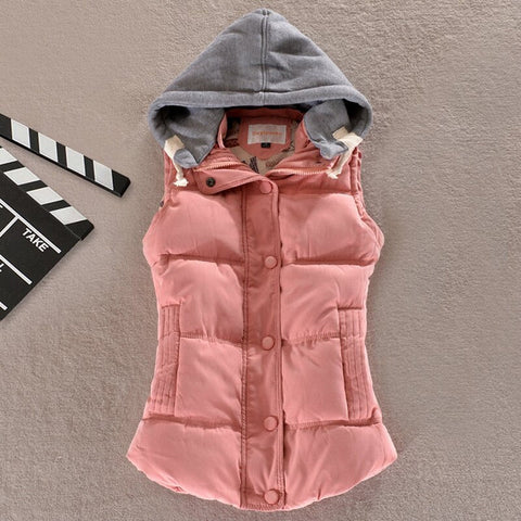 winter women solid thick vest hooded casual female warm outwear cotton padded office ladies single breasted chaleco mujer