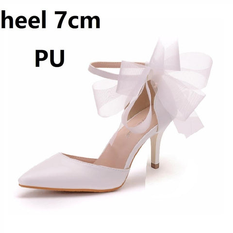 Crystal Queen Woman Satin Stiletto Elegant Ankle Strap Party Bow-knot Sandals Sexy High Heels White Wedding Shoes