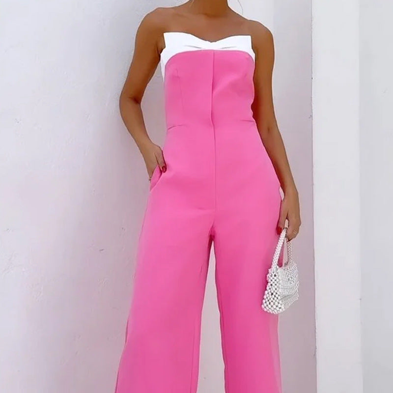 Pink sleeveless tube top loose wide-leg jumpsuit