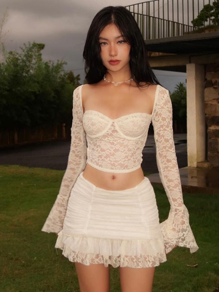 autumn new sexy low-cut trumpet sleeve lace navel-baring top pleated skirt two-piece suit