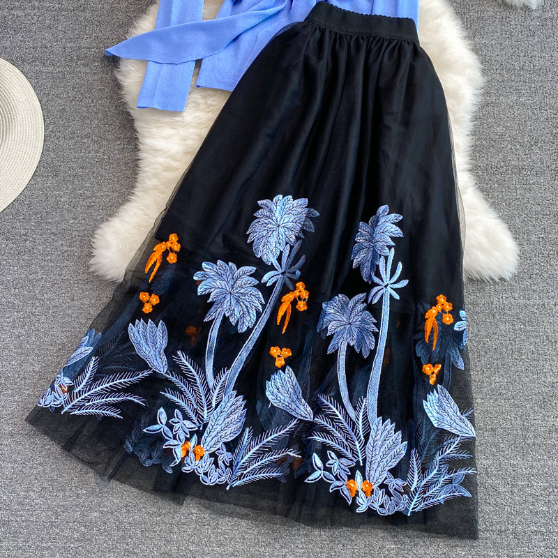 Autumn Spring Blue Knit Tops and Embroidery A-line Midi Skirt Two piece Sets Women Runway Design Fashion Knit Set Suit M69511