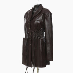 Oversized pockets and roped long leather jacket coat