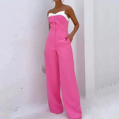Pink sleeveless tube top loose wide-leg jumpsuit