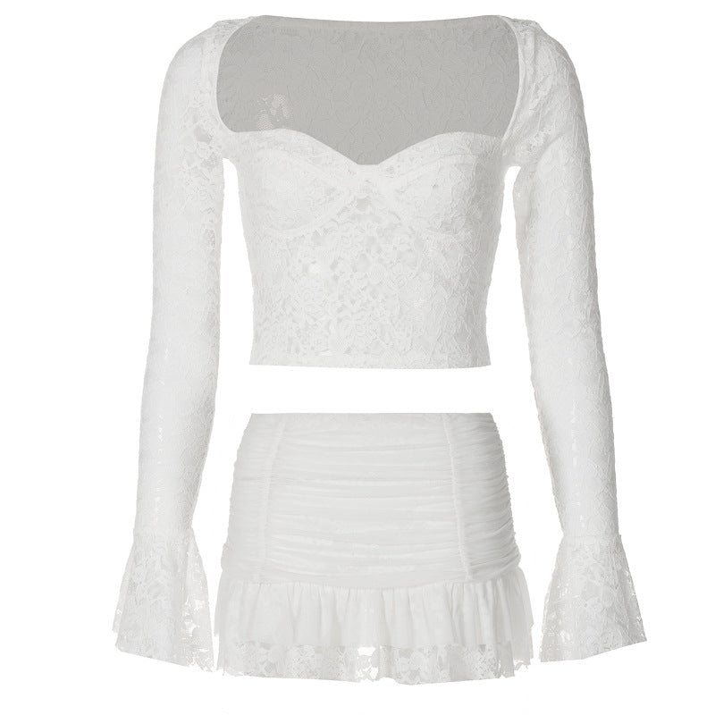 autumn new sexy low-cut trumpet sleeve lace navel-baring top pleated skirt two-piece suit