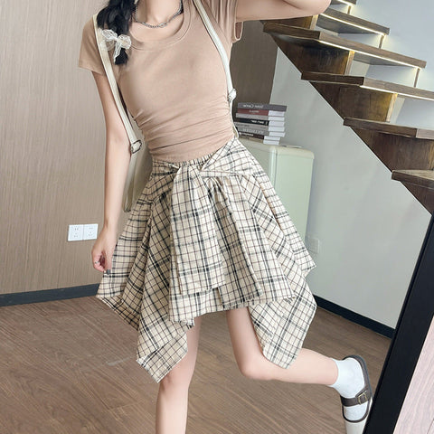 Irregular plaid skirt women's summer new anti-exposure retro hip skirt a-line slim shirt skirt