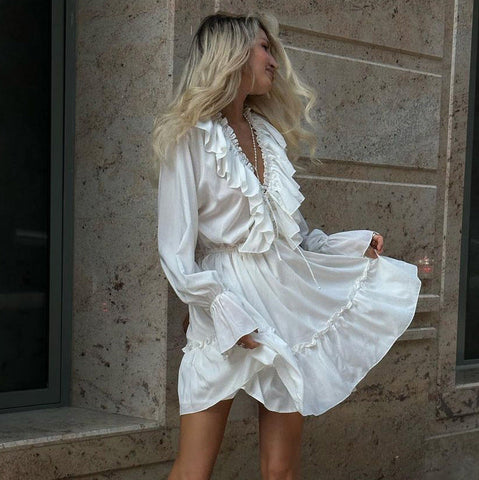 new fashion V-neck pleated trumpet sleeve ruffled white dress spring women's design fluffy skirt